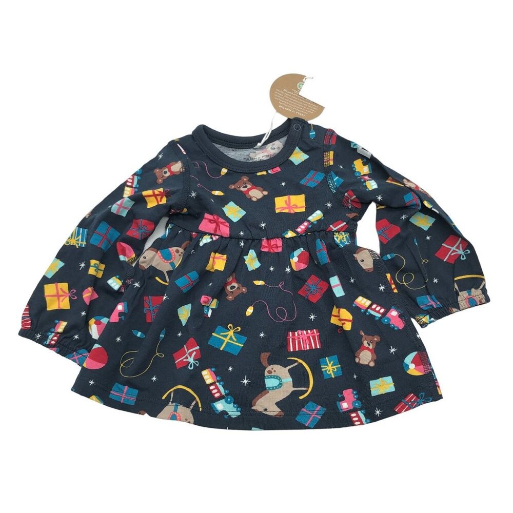 Polarn O. Pyret Baby Dress Christmas Print Long Sleeve Organic Cotton 2-4M